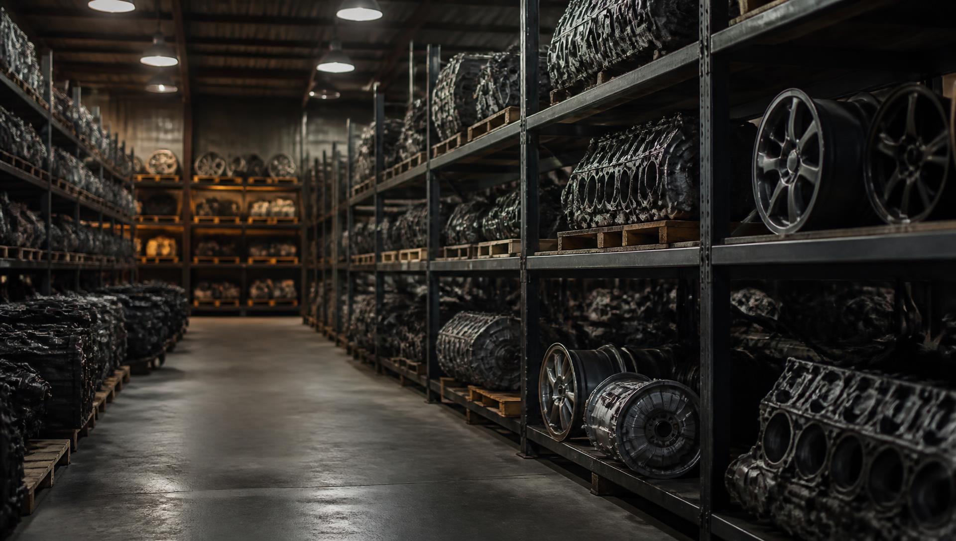 Organized used auto parts warehouse with engines, transmissions, and wheels on industrial shelving